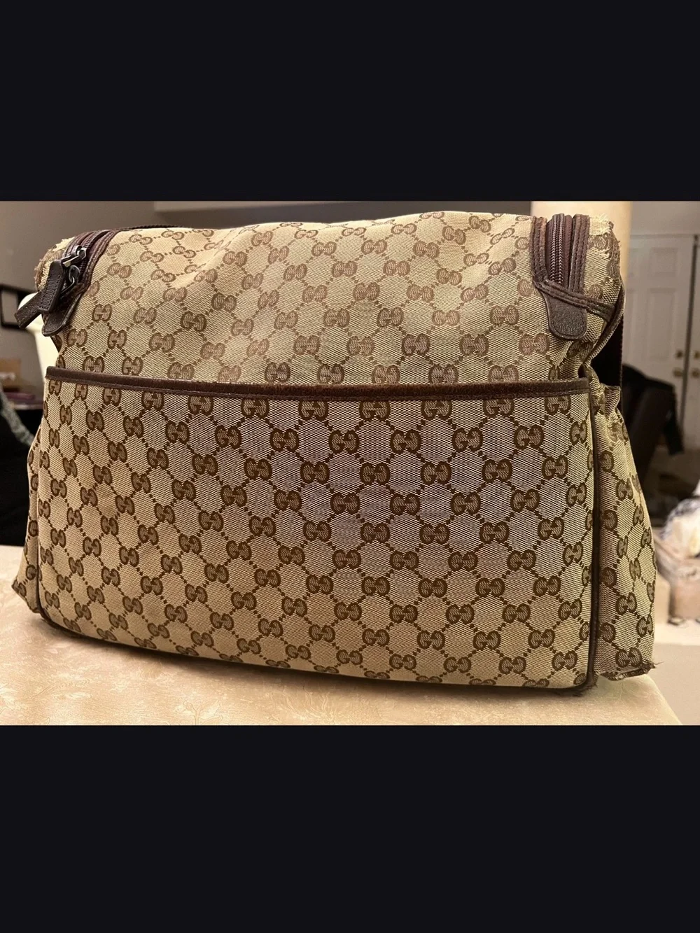 Gucci Beige and Brown Monogram Baby Messenger Bag with Adjustable Strap